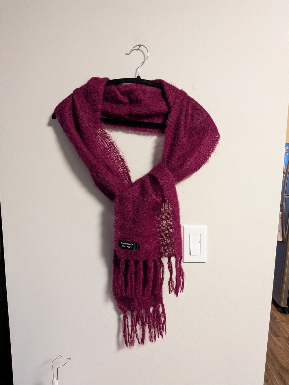 John Hanley Mohair/ Wool knit scarf. Loose Knit With Fringes. 70 X 10 Inches.